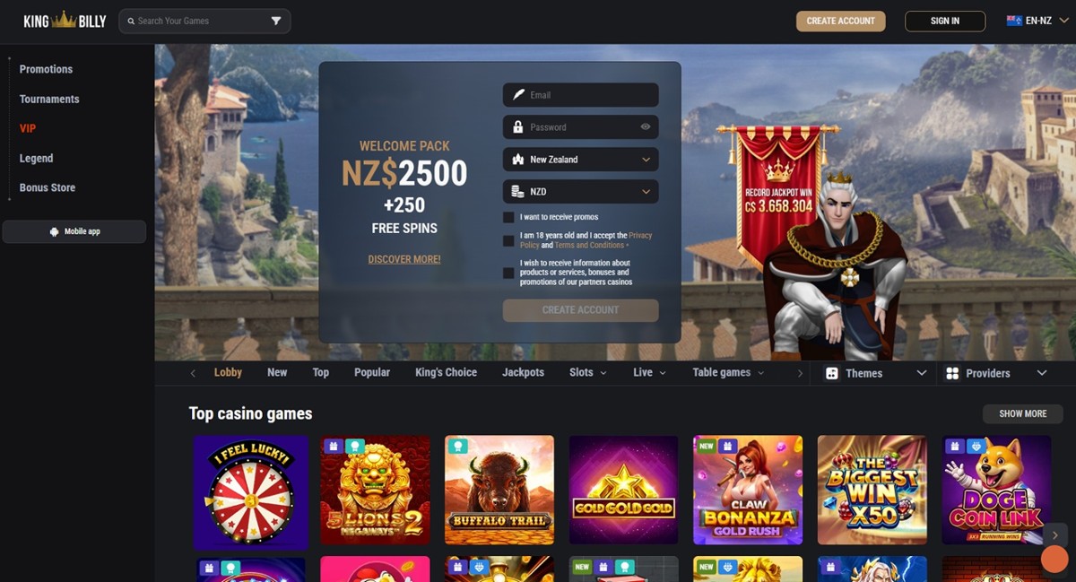 King Billy homepage showing the welcome bonus of $2,500 + 250 free spins